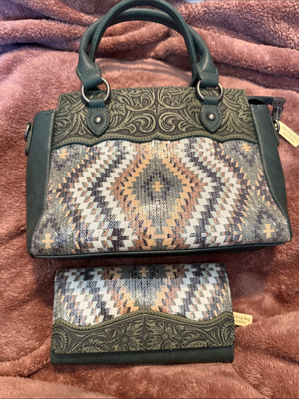 Montana West Green Patterned Shoulder Bag with Matching Wallet